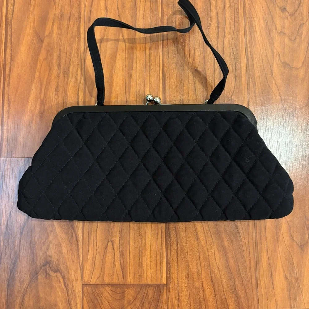 Vera Bradley Veronique Clutch Handbag Black Quilted Microfiber Floral Embroidery